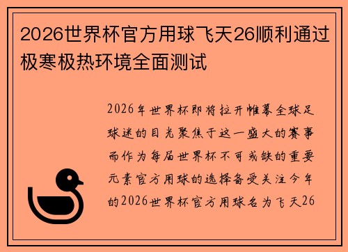 2026世界杯官方用球飞天26顺利通过极寒极热环境全面测试