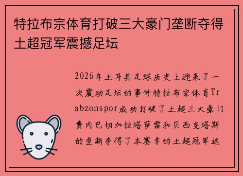 特拉布宗体育打破三大豪门垄断夺得土超冠军震撼足坛